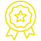 Récompense Qualité : Étoile de Certification Premium Badge de récompense pixelisé jaune et noir. Étoile de certification premium encadrée par une rosette et un ruban d'excellence.