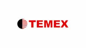 Logo officiel TEMEX : Identité visuelle rouge et noir. Logo TEMEX en lettres capitales rouges. Le symbole graphique est un cercle partagé : moitié noire, moitié rayée horizontalement rouge et blanc.